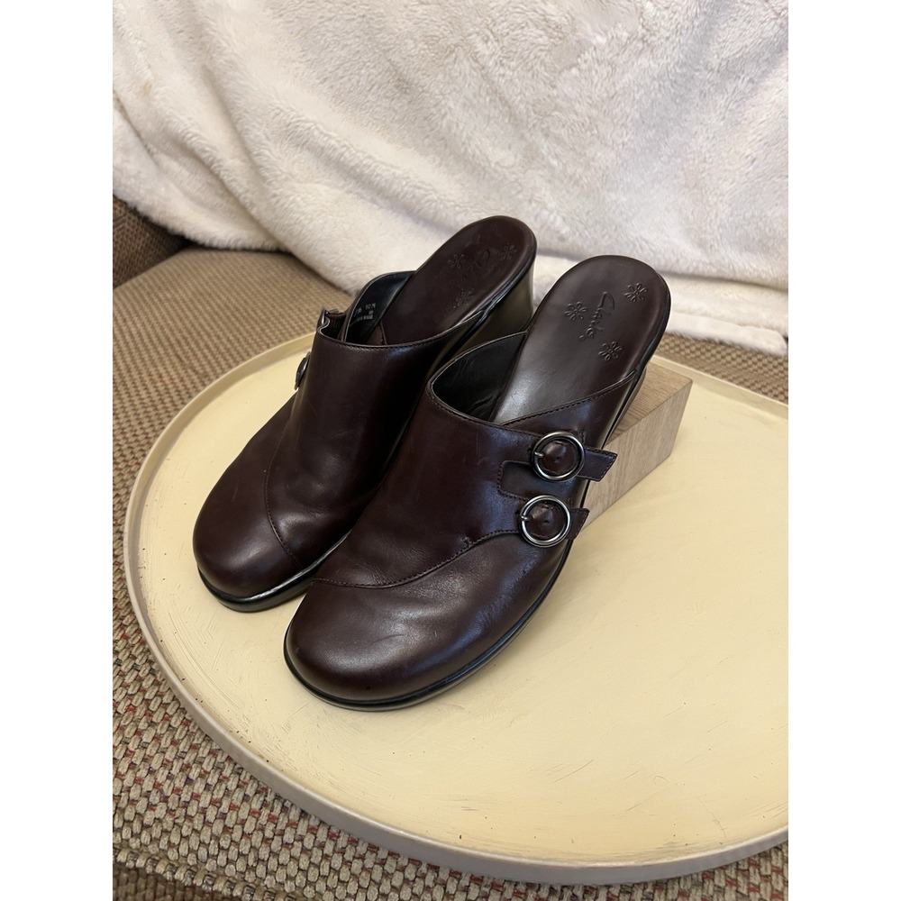 Clarks Slide Clogs Womens Sz 10 Dark-Brown Leather 2-Buckle Slip-On Mules Bendy